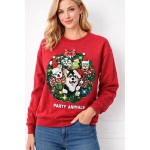 IML Party Animals Pullover Ugly Christmas Sweater Holiday Red Small Cat